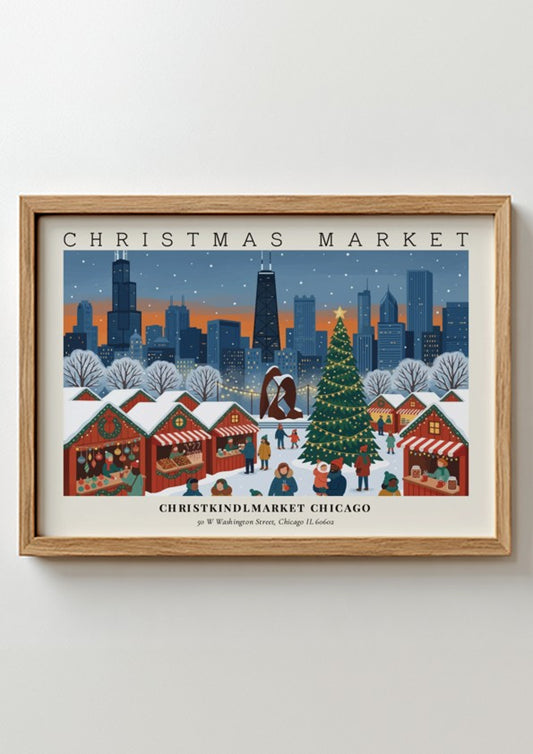 Christkindlmarket Chicago poster showing festive market stalls and a Christmas tree against a skyline.