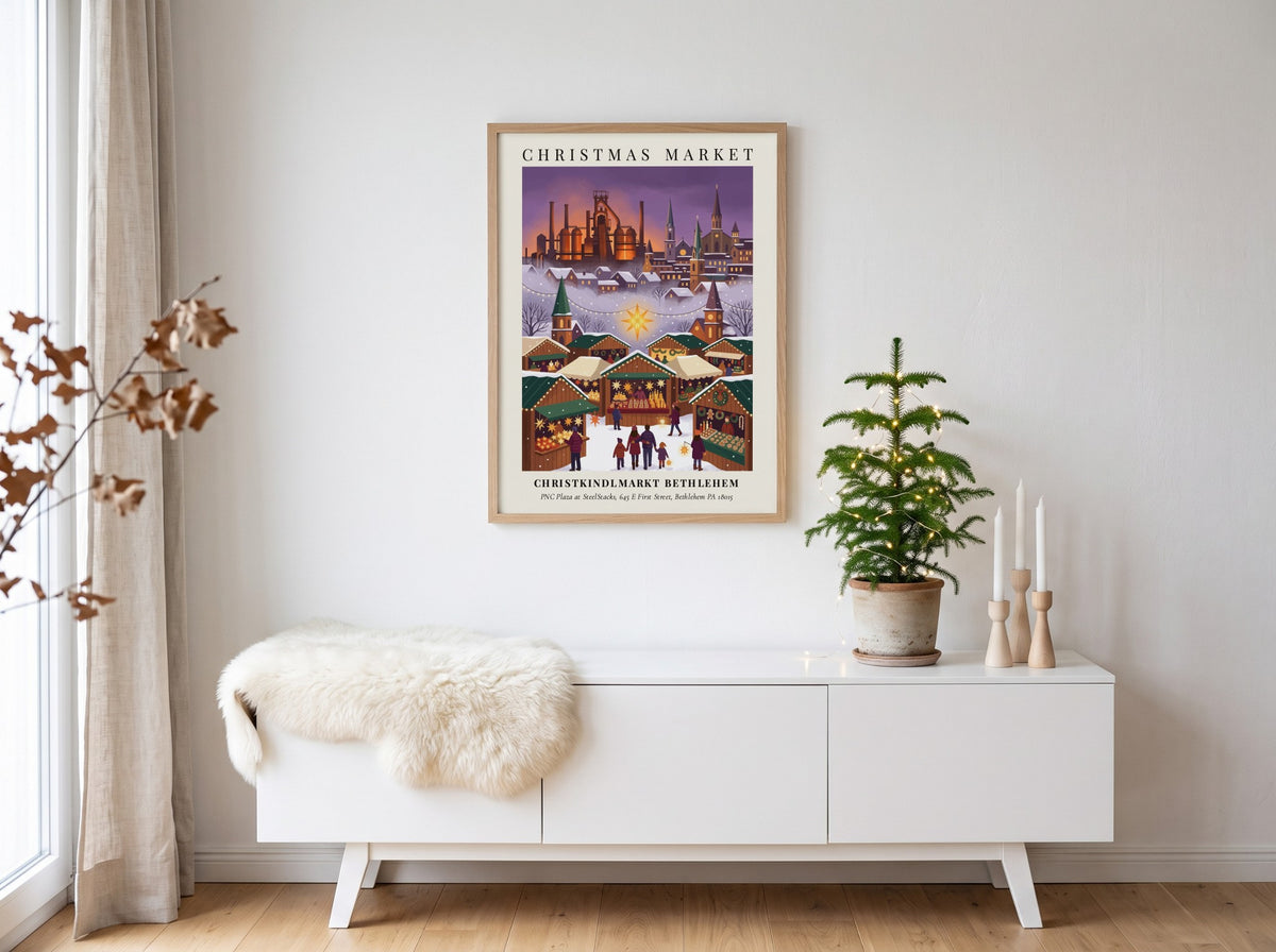 Christkindlmarkt Bethlehem poster featuring an illuminated market scene set against a snowy industrial steel