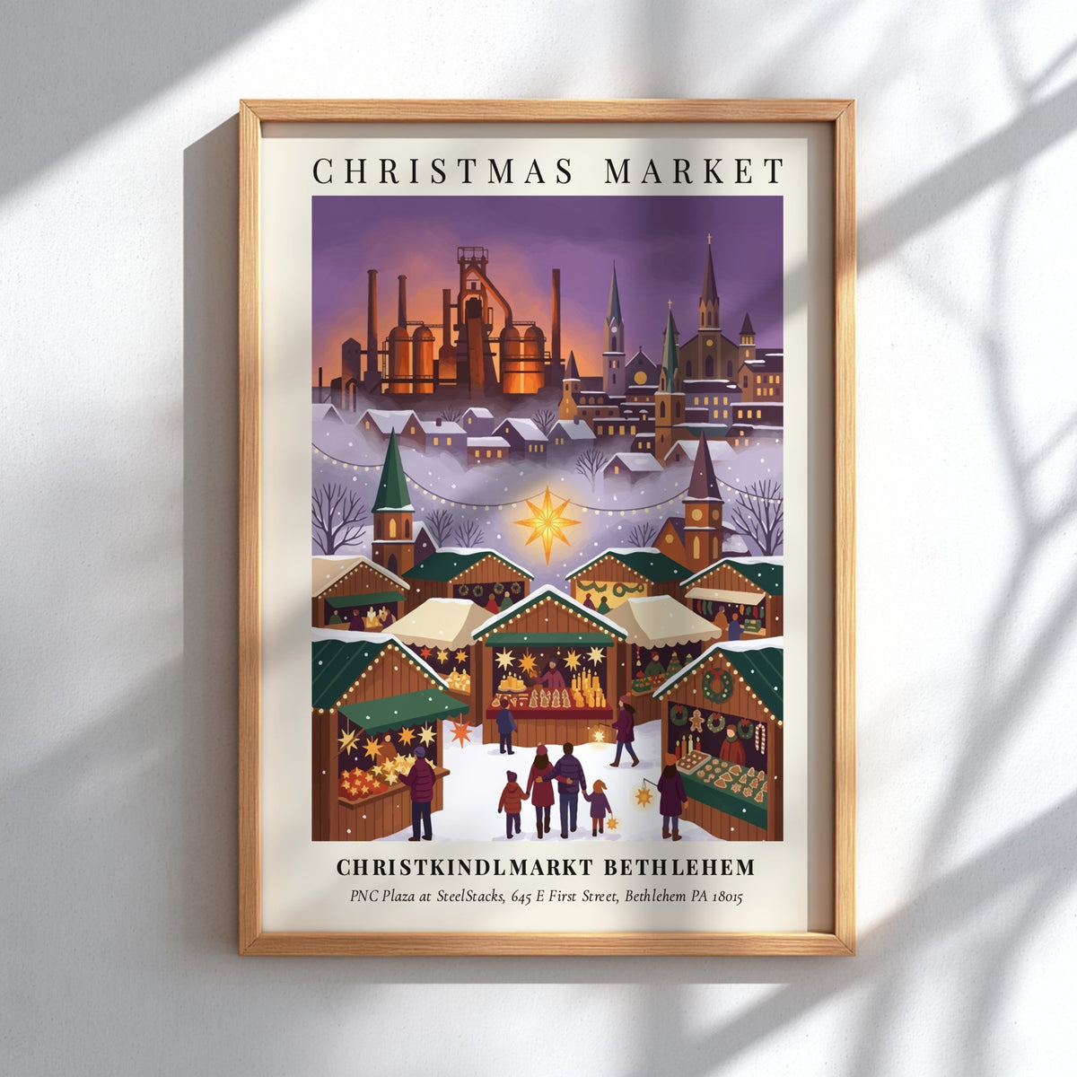 Christkindlmarkt Bethlehem poster featuring an illuminated market scene set against a snowy industrial steel