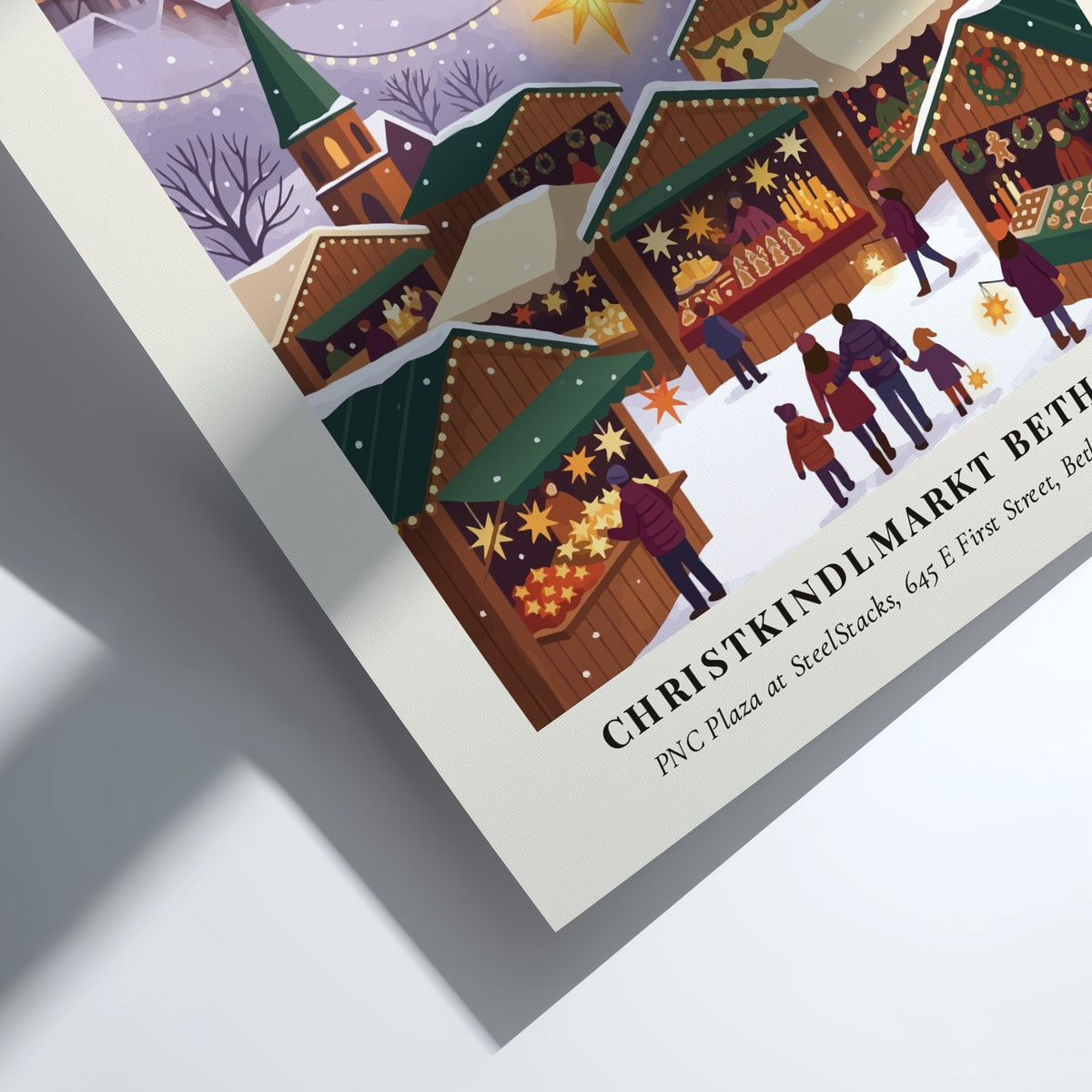 Christkindlmarkt Bethlehem poster featuring an illuminated market scene set against a snowy industrial steel