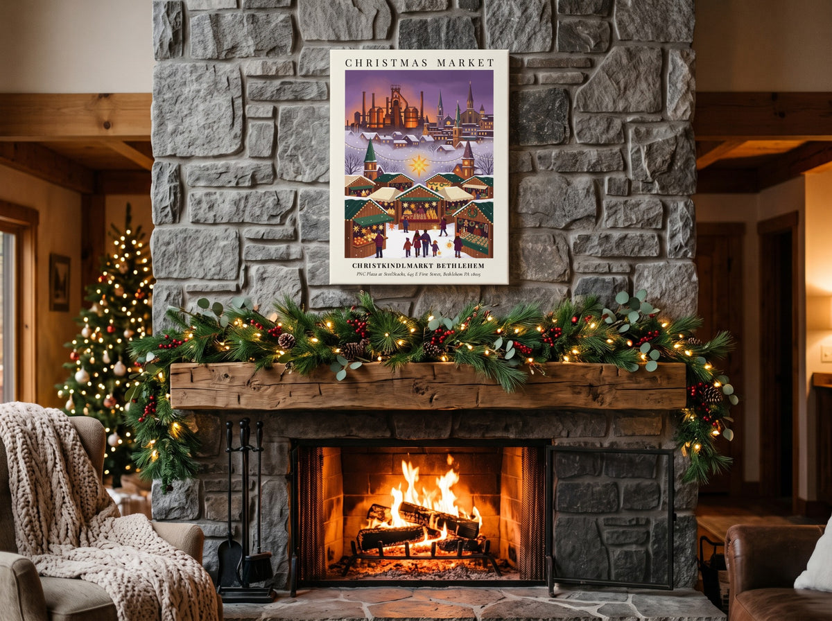 Christkindlmarkt Bethlehem poster featuring an illuminated market scene set against a snowy industrial steel