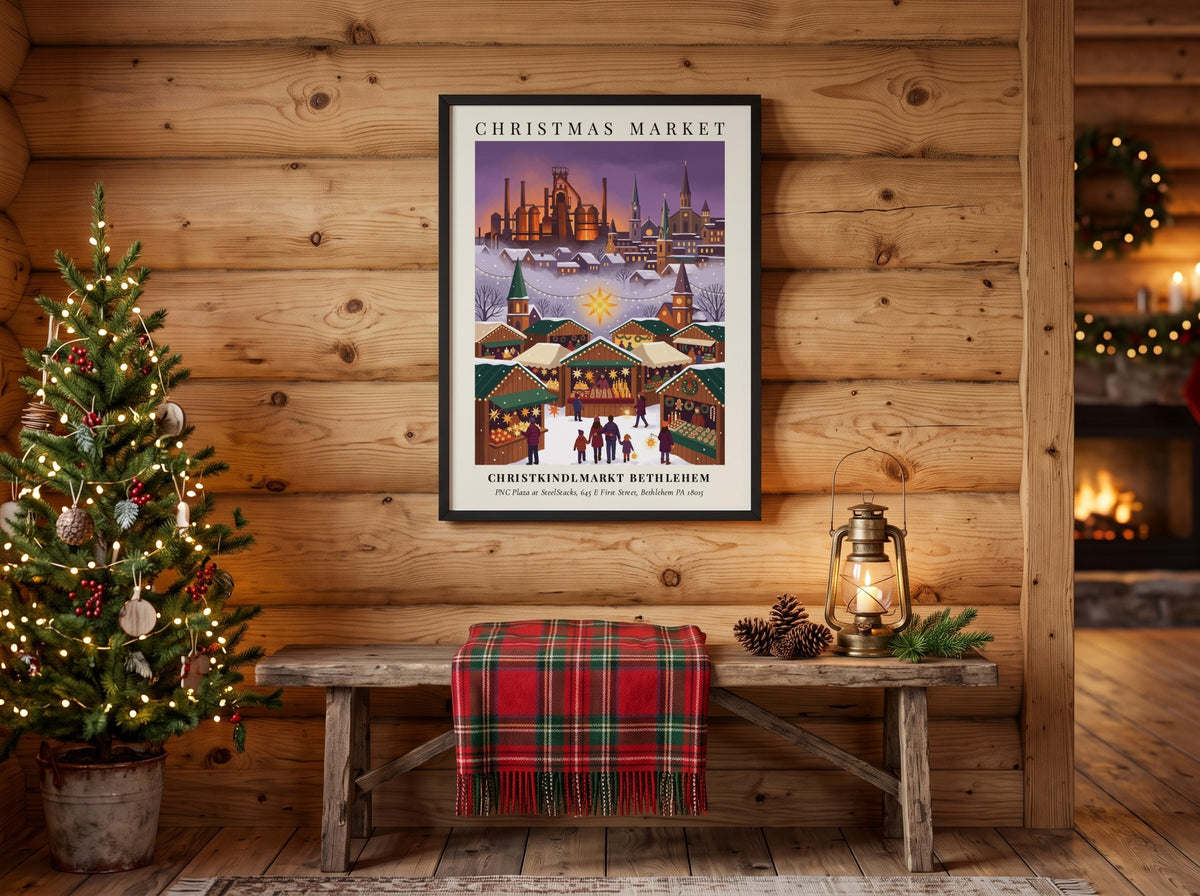Christkindlmarkt Bethlehem poster featuring an illuminated market scene set against a snowy industrial steel