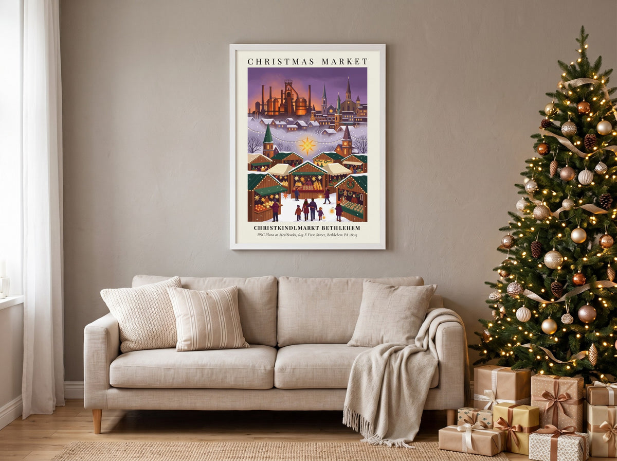 Christkindlmarkt Bethlehem poster featuring an illuminated market scene set against a snowy industrial steel