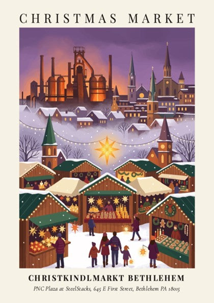Christkindlmarkt Bethlehem poster featuring an illuminated market scene set against a snowy industrial steel
