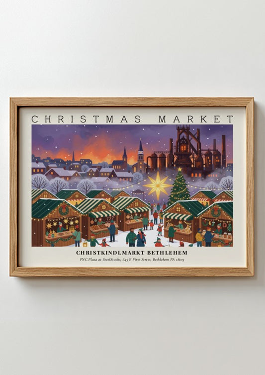 Poster of the Christkindlmarkt Bethlehem Christmas market with festive stalls and a glowing star.