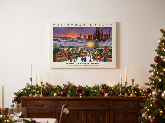 Poster of the Christkindlmarkt Bethlehem Christmas market with festive stalls and a glowing star.