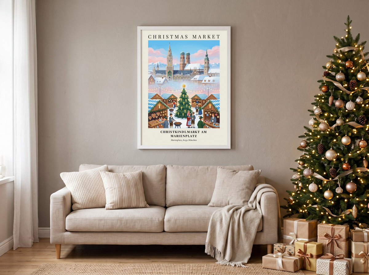 Poster of the Munich Christkindlmarkt featuring traditional stalls, a lit Christmas tree, and architecture.