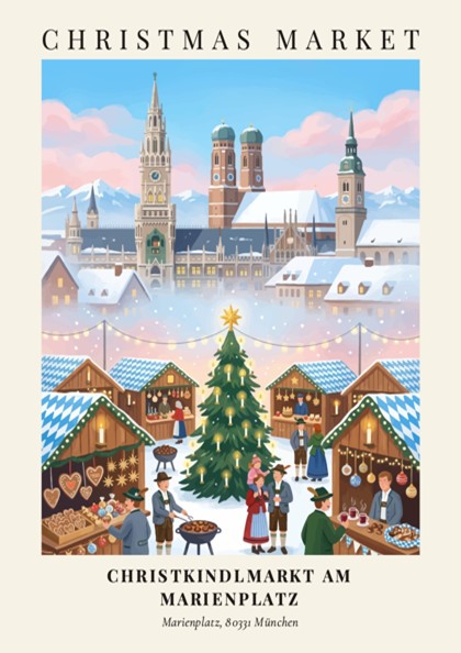 Poster of the Munich Christkindlmarkt featuring traditional stalls, a lit Christmas tree, and architecture.