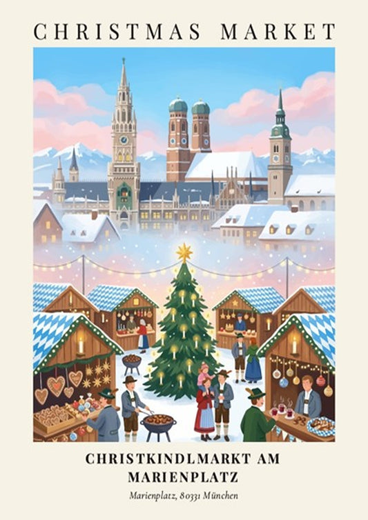 Poster of the Munich Christkindlmarkt featuring traditional stalls, a lit Christmas tree, and architecture.