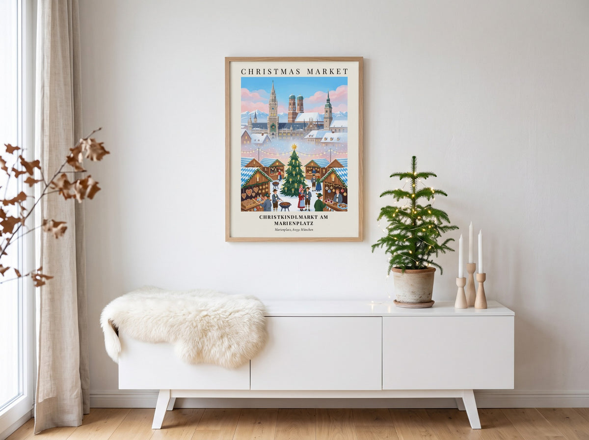 Poster of the Munich Christkindlmarkt featuring traditional stalls, a lit Christmas tree, and architecture.