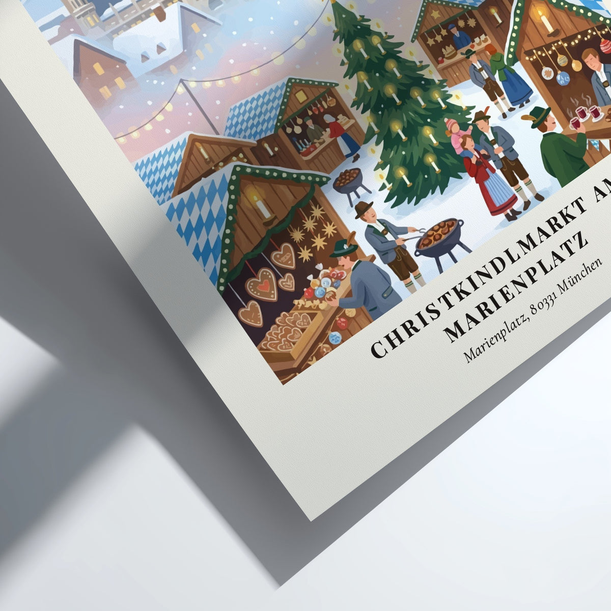 Poster of the Munich Christkindlmarkt featuring traditional stalls, a lit Christmas tree, and architecture.