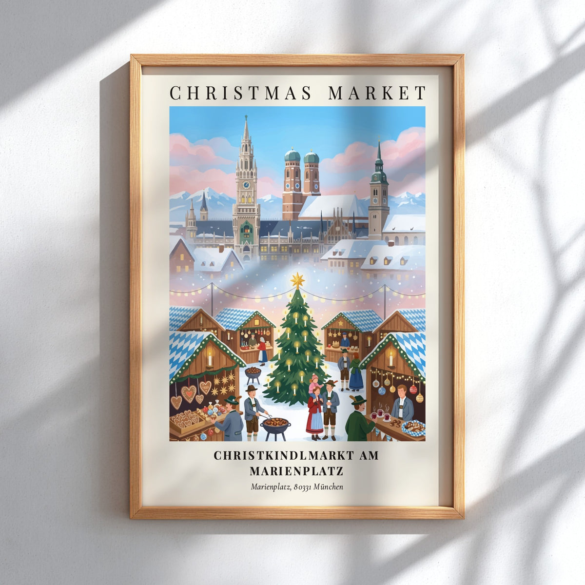 Poster of the Munich Christkindlmarkt featuring traditional stalls, a lit Christmas tree, and architecture.