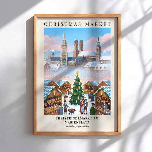 Poster of the Munich Christkindlmarkt featuring traditional stalls, a lit Christmas tree, and architecture.