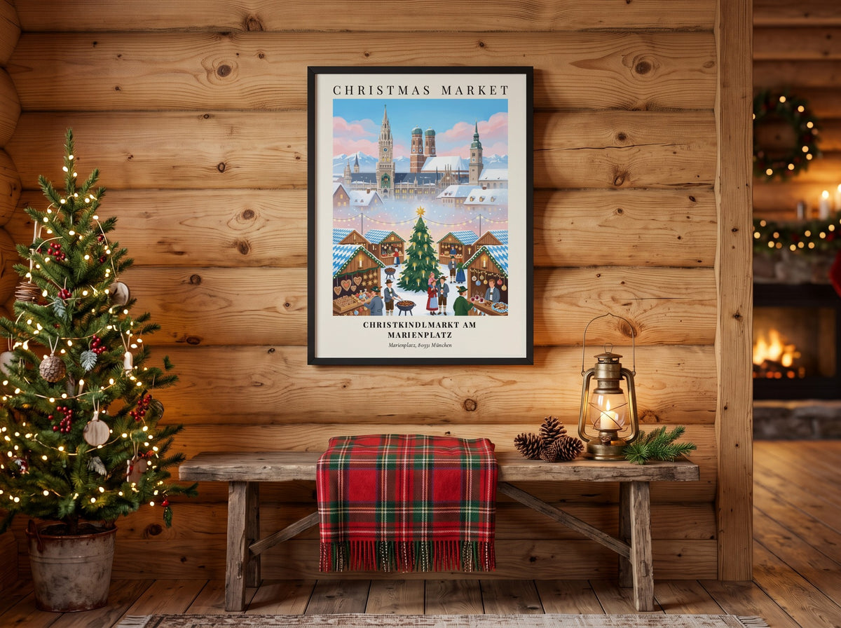 Poster of the Munich Christkindlmarkt featuring traditional stalls, a lit Christmas tree, and architecture.