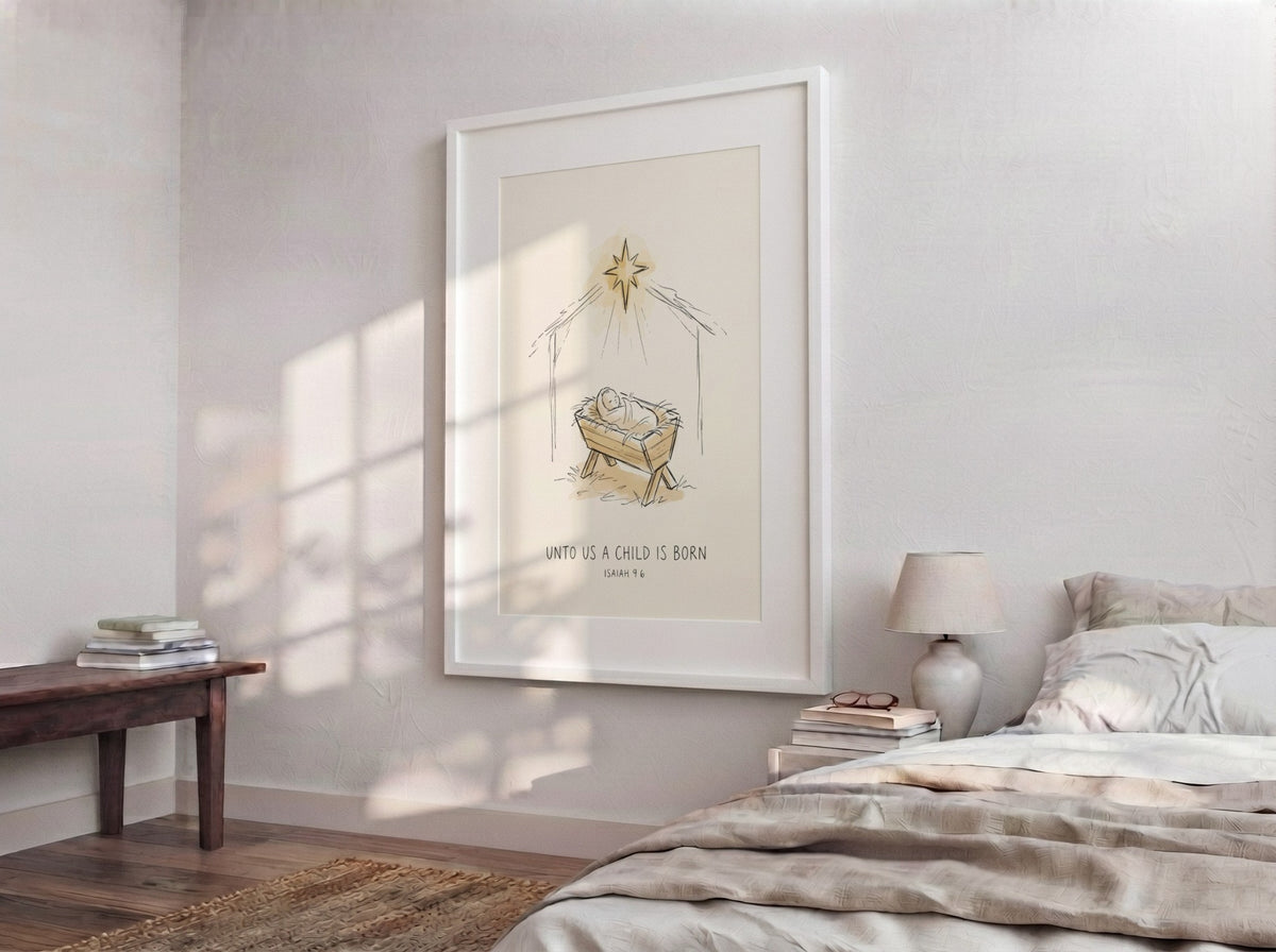 Nativity poster featuring a hand-drawn manger and star with Unto Us A Child text.