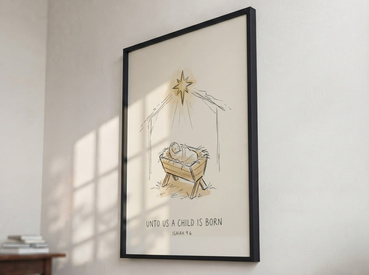 Nativity poster featuring a hand-drawn manger and star with Unto Us A Child text.