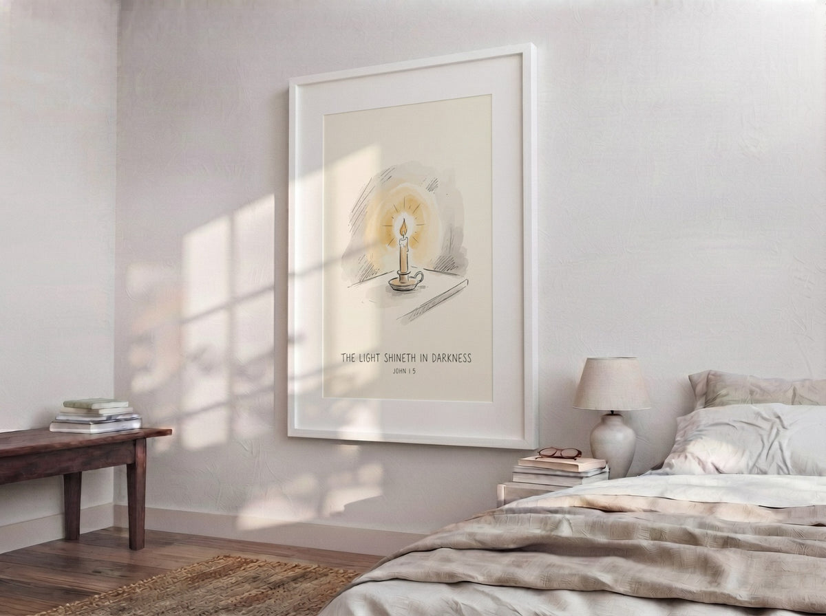 Poster featuring a candle with a glowing flame and the text the light shineth