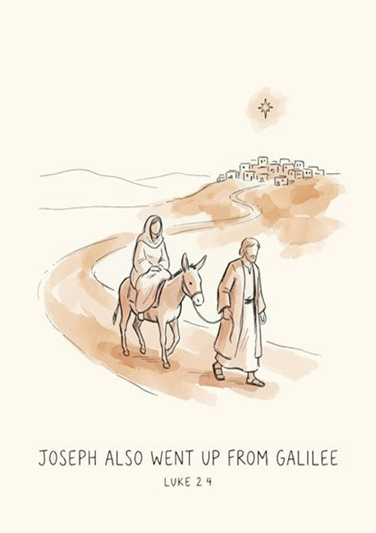 Poster featuring Joseph leading a donkey with Mary towards a village under a star.