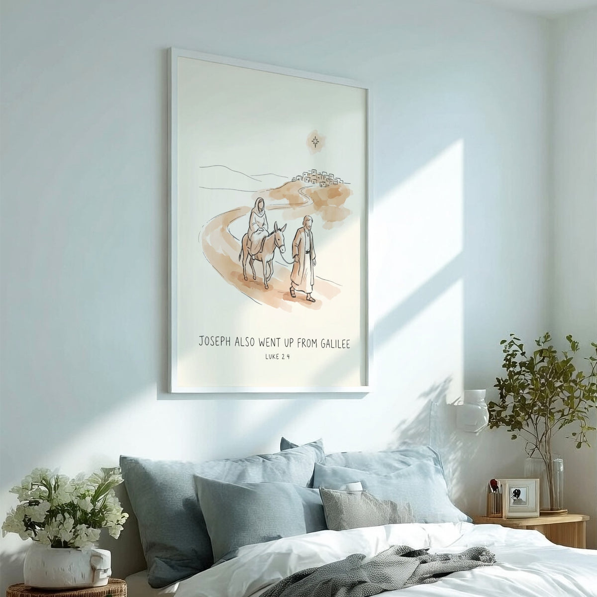 Poster featuring Joseph leading a donkey with Mary towards a village under a star.