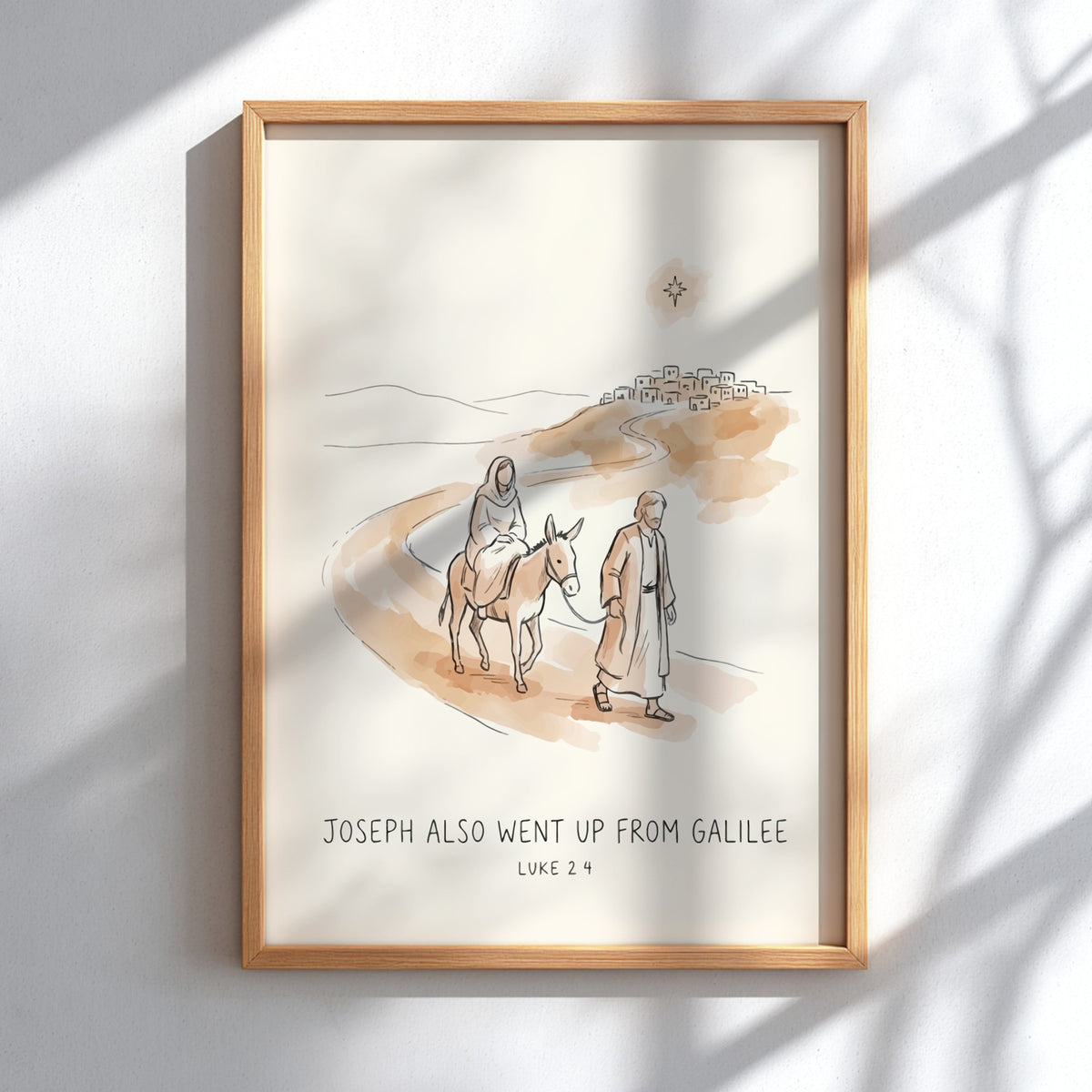 Poster featuring Joseph leading a donkey with Mary towards a village under a star.