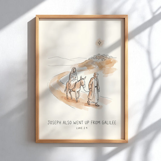 Poster featuring Joseph leading a donkey with Mary towards a village under a star.