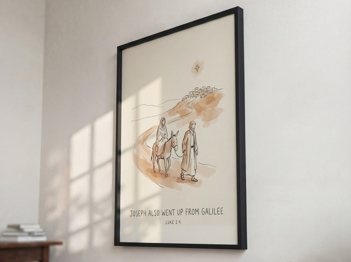 Poster featuring Joseph leading a donkey with Mary towards a village under a star.