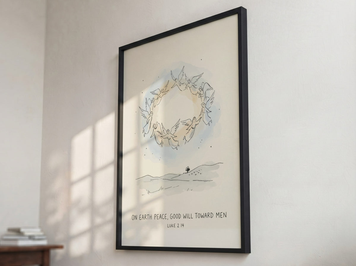Poster featuring angels in a circle with On Earth Peace Good Will Toward Men