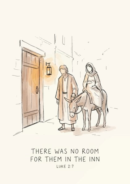 Christmas poster featuring a line drawing of Mary and Joseph on a donkey.