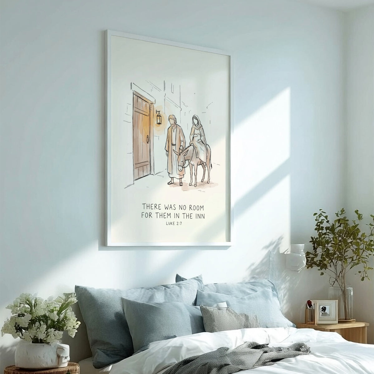 Christmas poster featuring a line drawing of Mary and Joseph on a donkey.