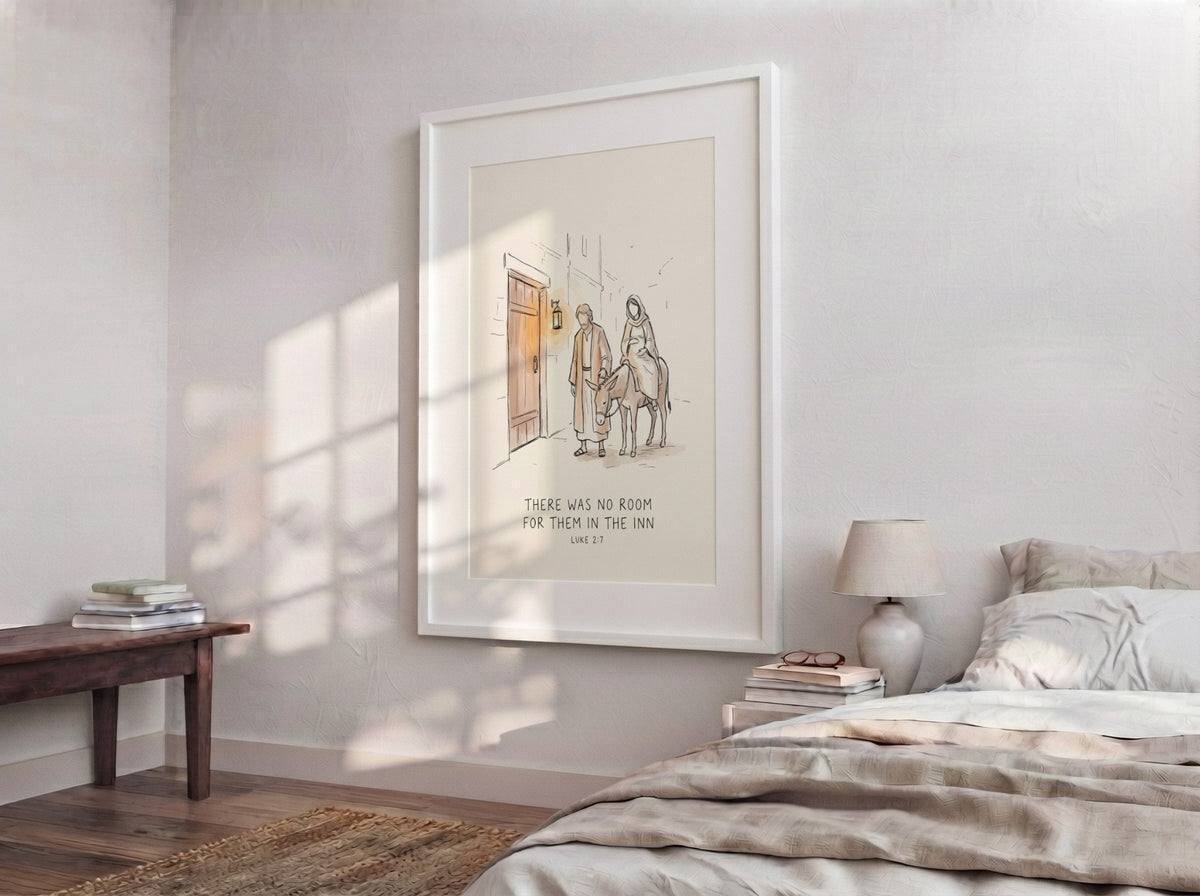 Christmas poster featuring a line drawing of Mary and Joseph on a donkey.