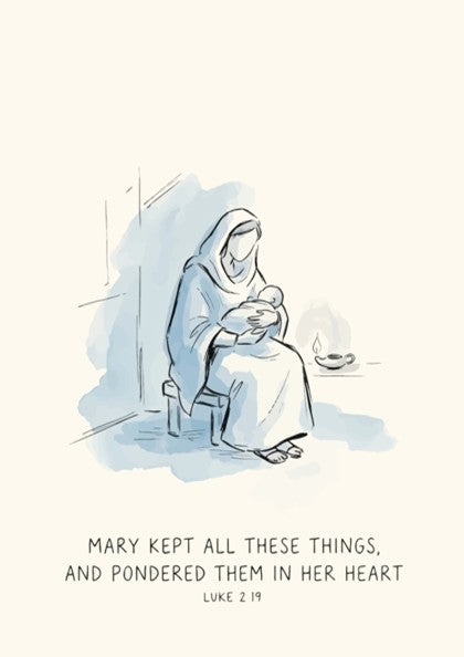 Poster featuring a soft watercolour illustration of Mary holding baby Jesus by candlelight.
