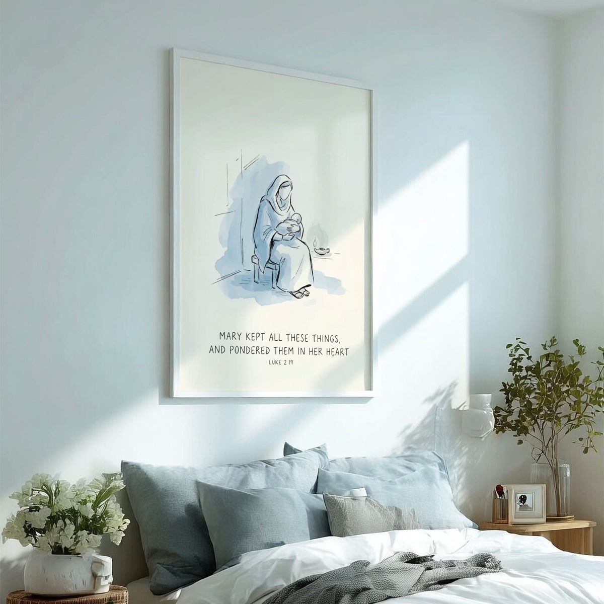 Poster featuring a soft watercolour illustration of Mary holding baby Jesus by candlelight.