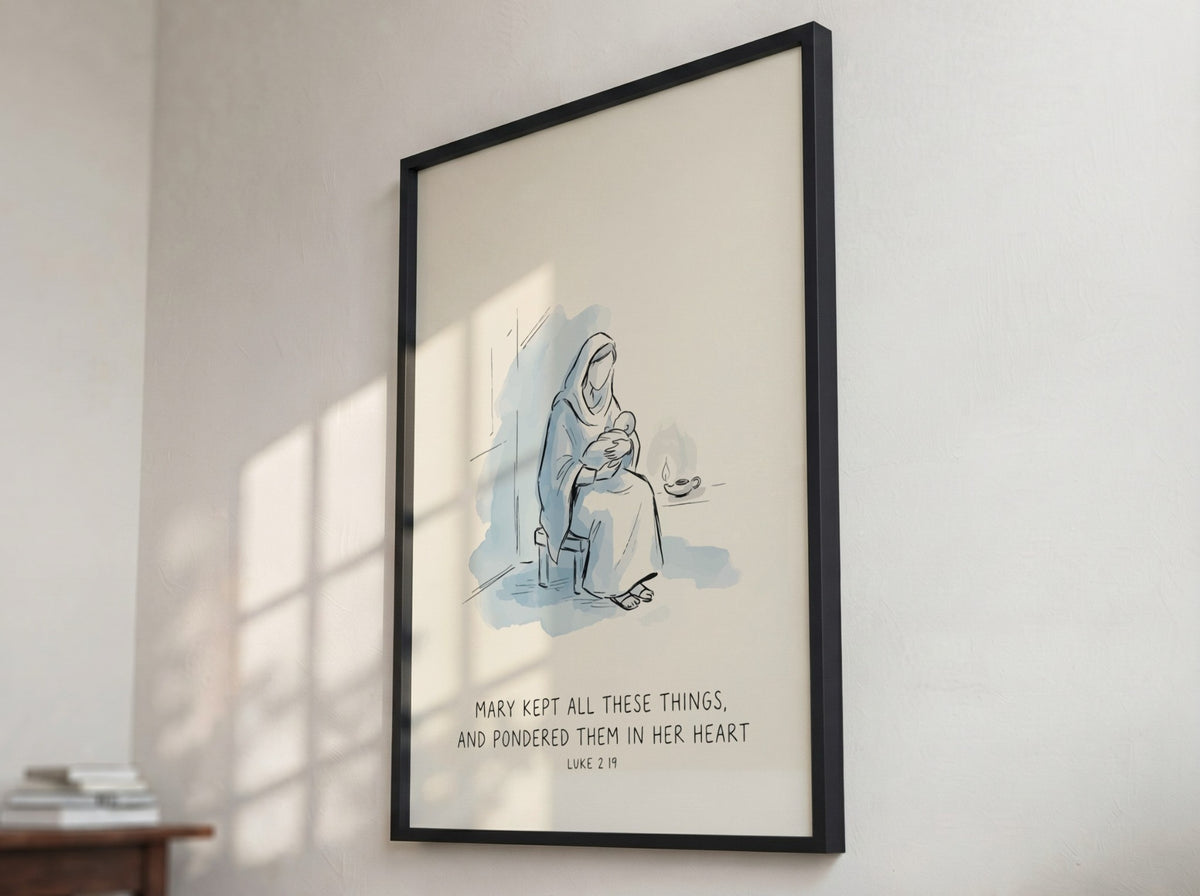 Poster featuring a soft watercolour illustration of Mary holding baby Jesus by candlelight.