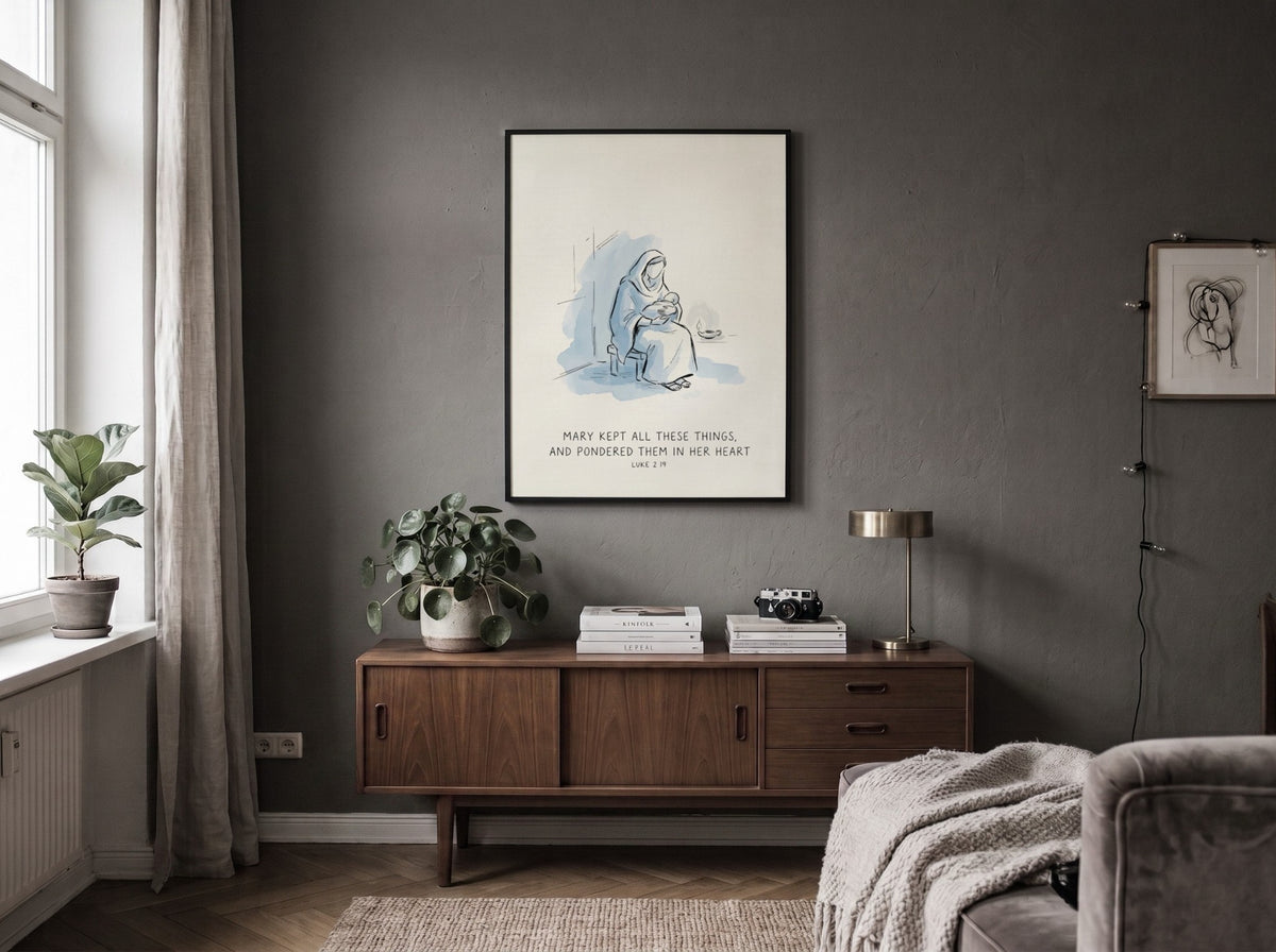 Poster featuring a soft watercolour illustration of Mary holding baby Jesus by candlelight.