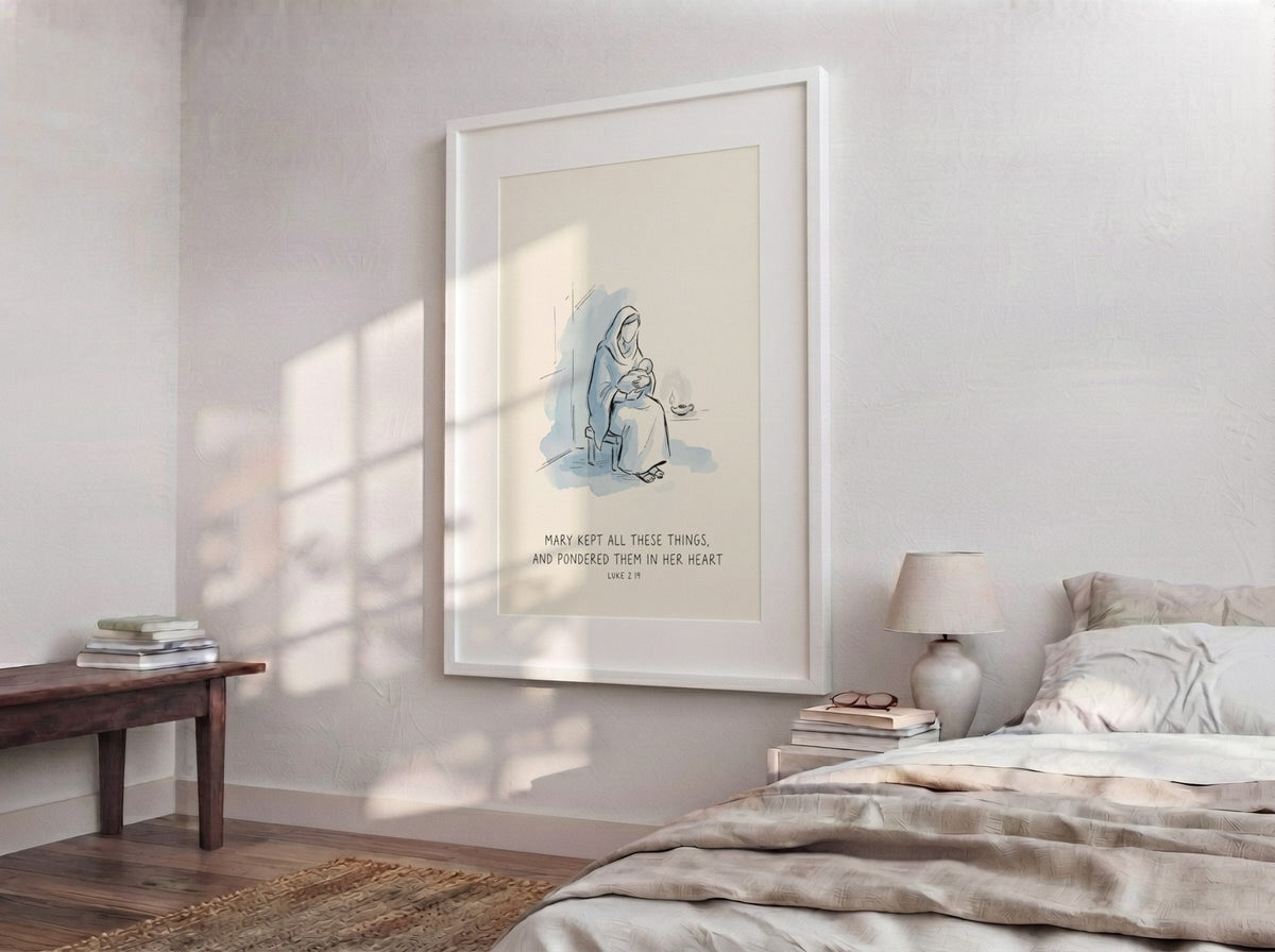 Poster featuring a soft watercolour illustration of Mary holding baby Jesus by candlelight.