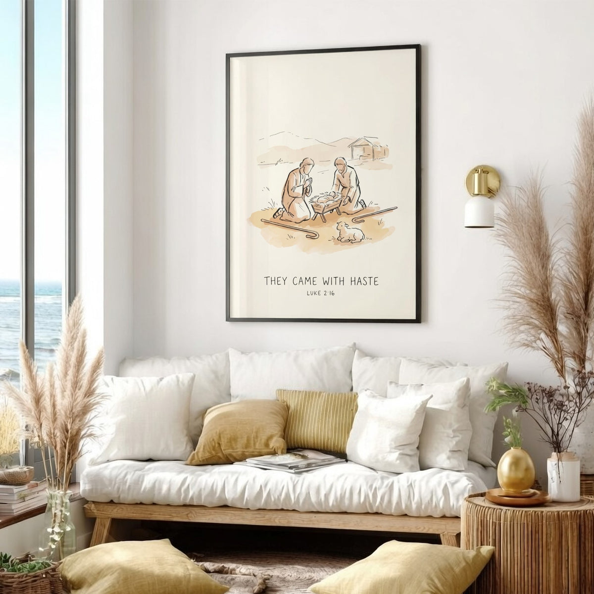 Poster featuring a minimalist nativity scene with shepherds, a manger, and a lamb.