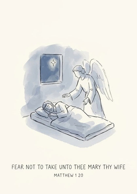 Poster featuring an angel visiting a sleeping man under a star, soft blue illustration.