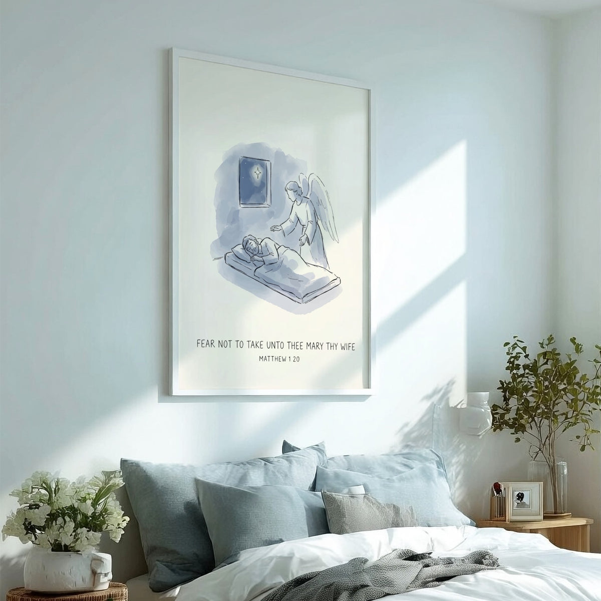 Poster featuring an angel visiting a sleeping man under a star, soft blue illustration.