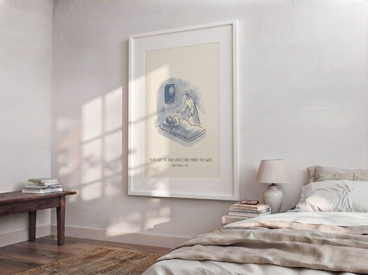 Poster featuring an angel visiting a sleeping man under a star, soft blue illustration.