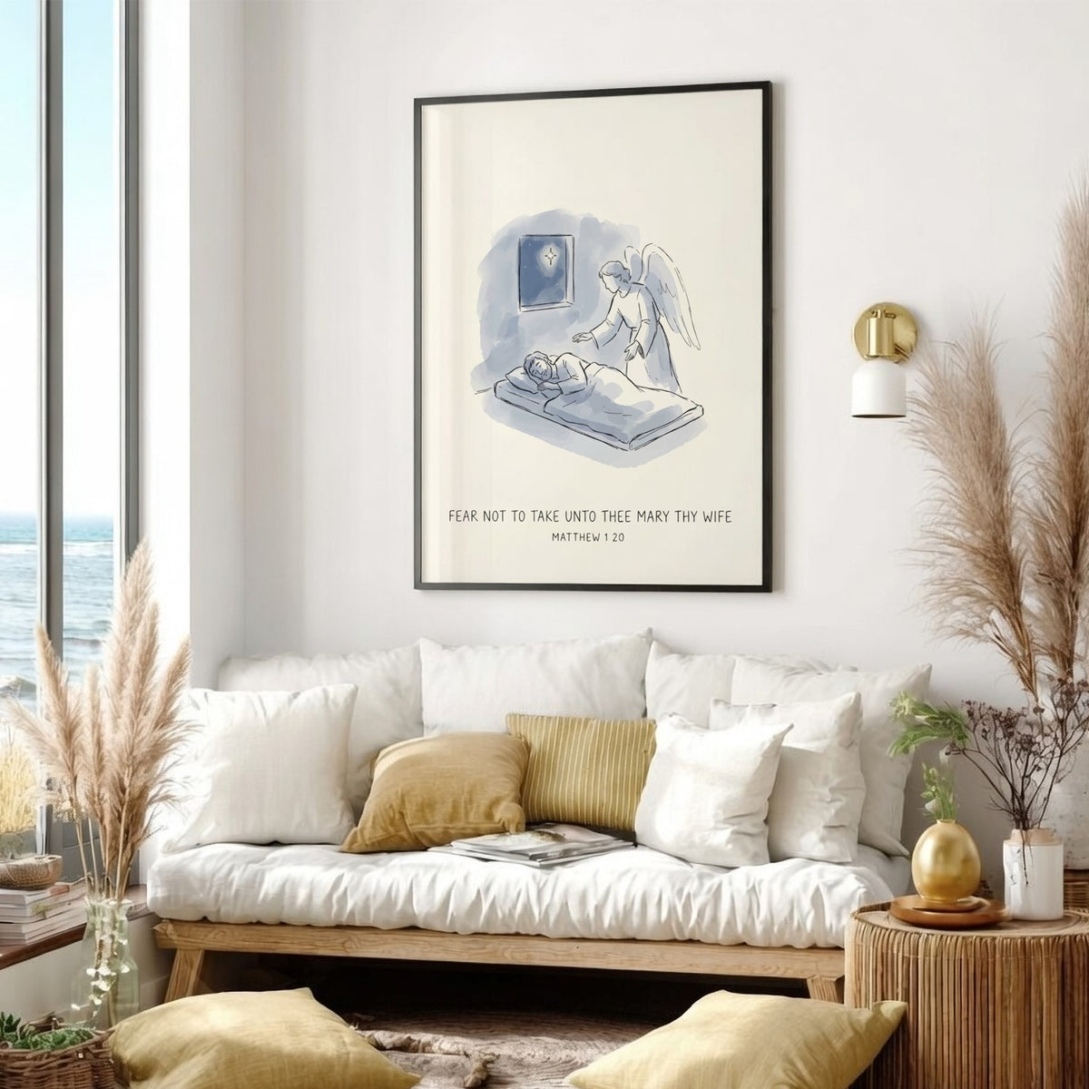 Poster featuring an angel visiting a sleeping man under a star, soft blue illustration.