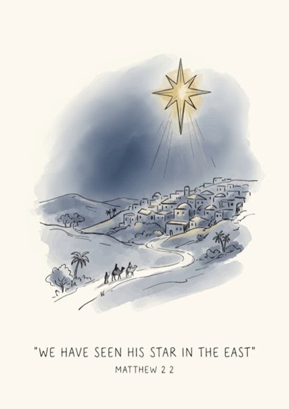 Poster featuring a watercolour scene of travellers walking towards a village under a star.