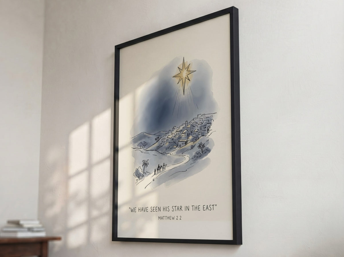 Poster featuring a watercolour scene of travellers walking towards a village under a star.