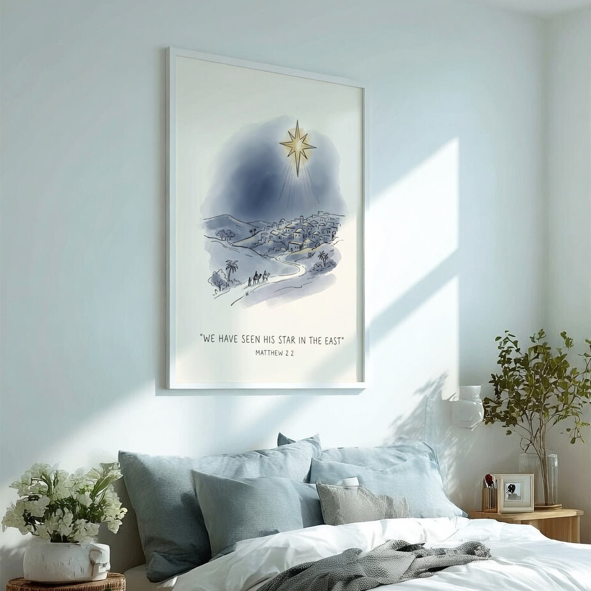 Poster featuring a watercolour scene of travellers walking towards a village under a star.