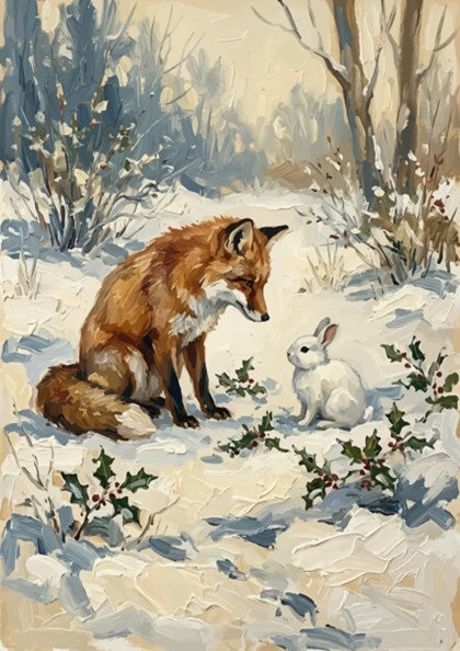 Poster featuring a textured oil painting of a red fox meeting a white rabbit