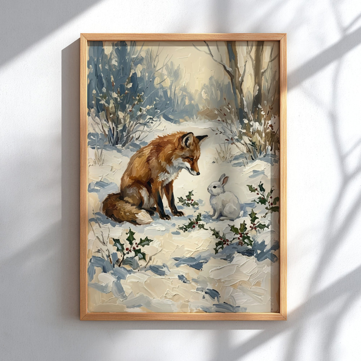 Poster featuring a textured oil painting of a red fox meeting a white rabbit