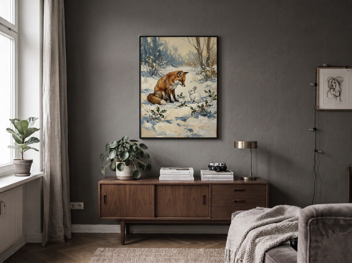 Poster featuring a textured oil painting of a red fox meeting a white rabbit