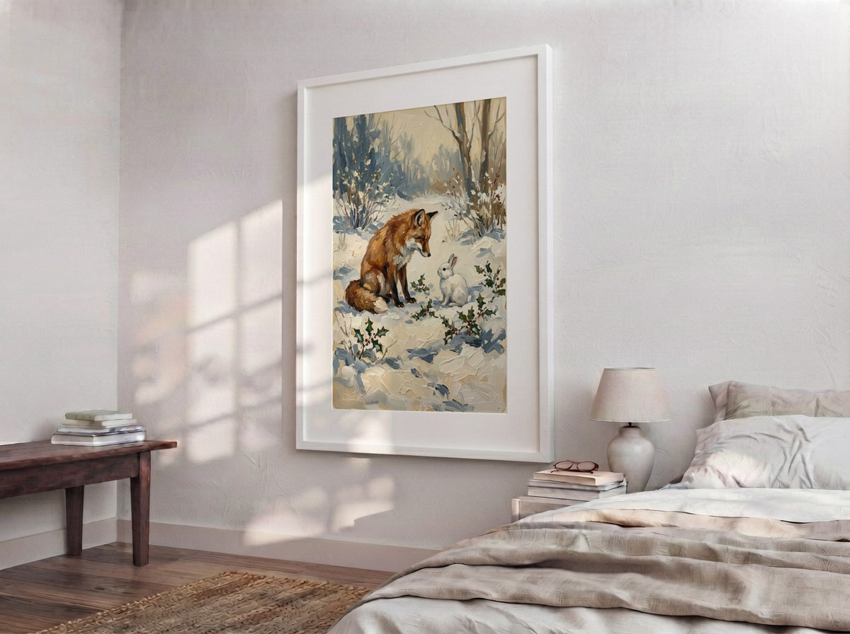 Poster featuring a textured oil painting of a red fox meeting a white rabbit