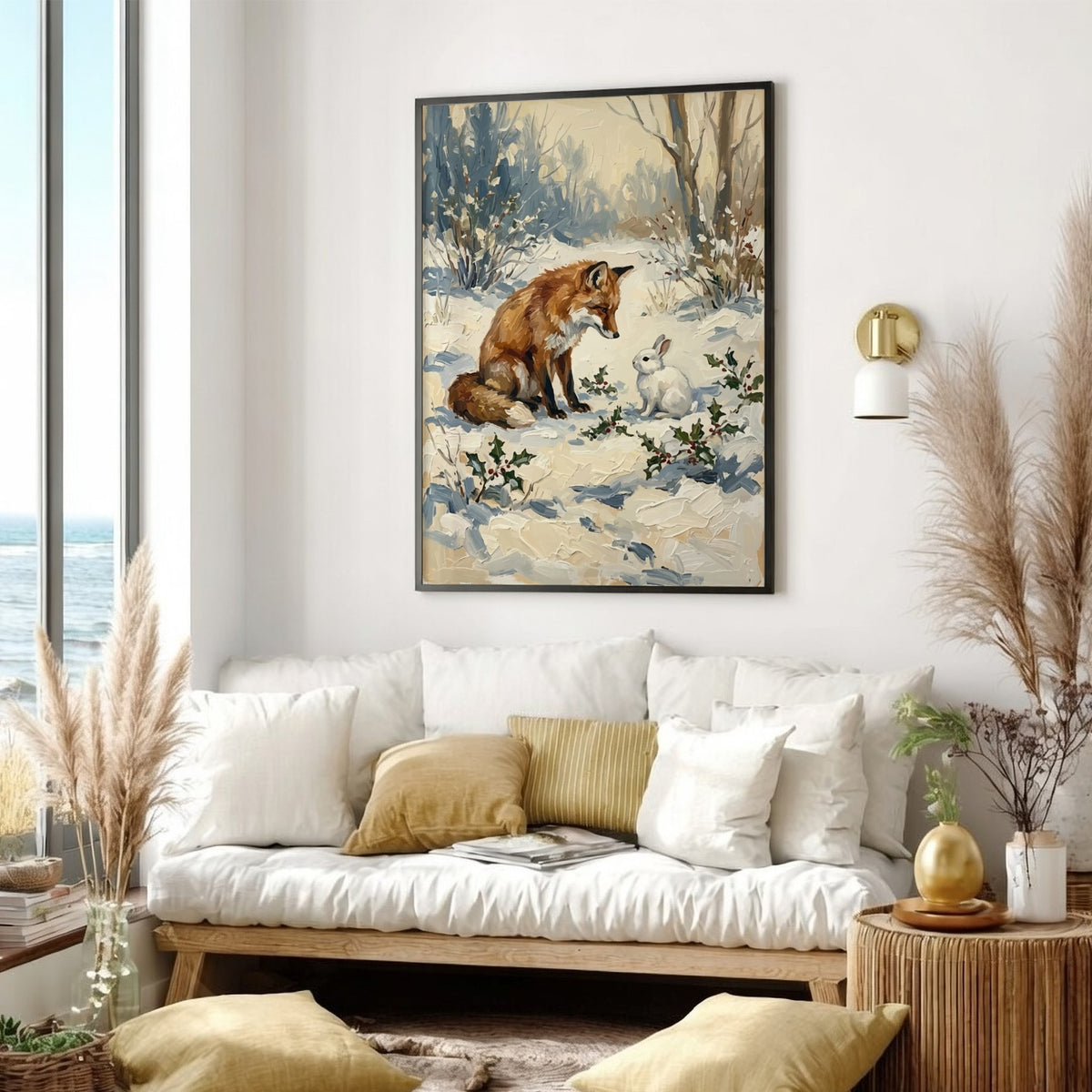 Poster featuring a textured oil painting of a red fox meeting a white rabbit