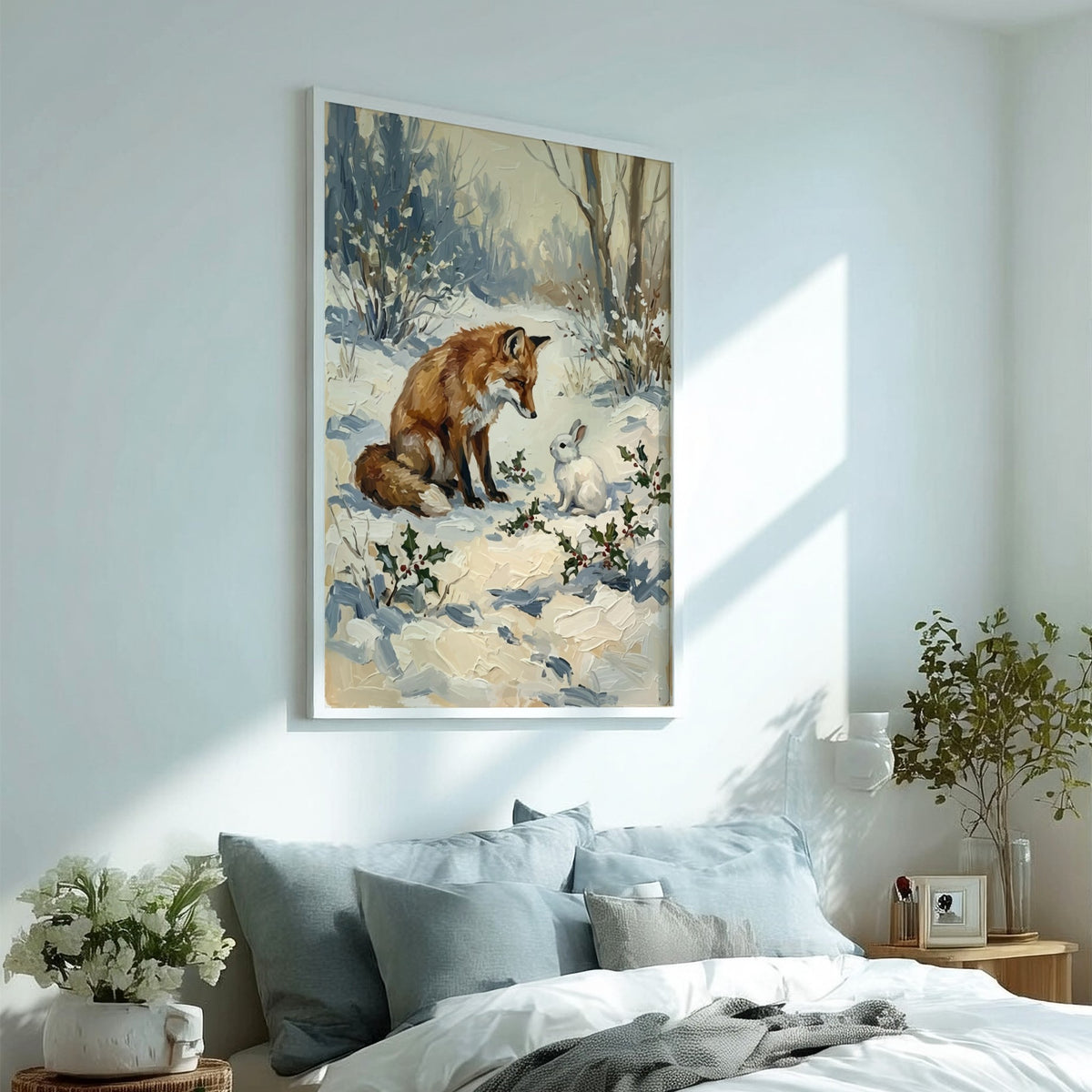 Poster featuring a textured oil painting of a red fox meeting a white rabbit