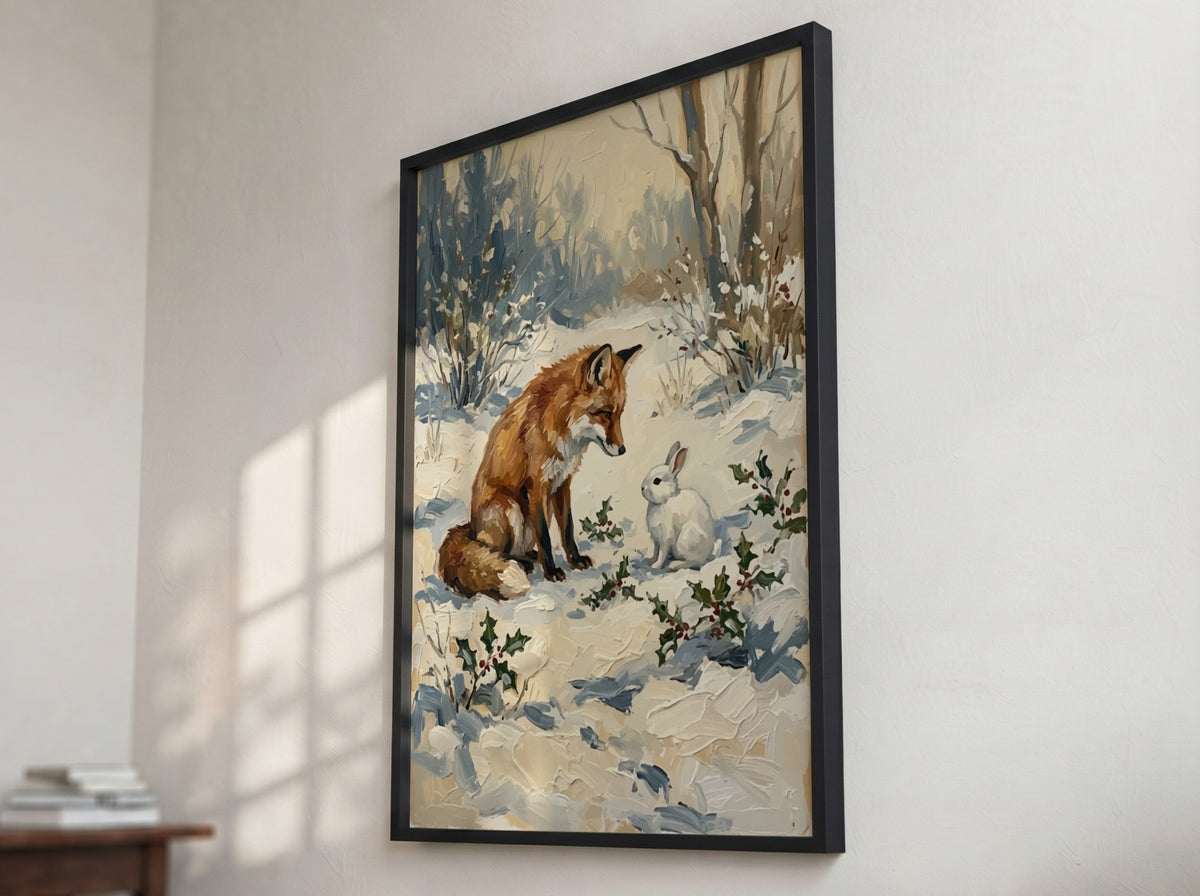 Poster featuring a textured oil painting of a red fox meeting a white rabbit